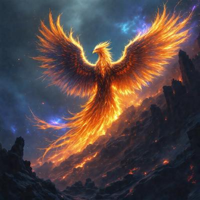 Primary subject: A bird with a flaming tail.

Setting/background: A dark, cloudy sky.

Visual style: Digital art.

Colors and mood: The bird has a fiery orange tail, and the overall atmosphere is dramatic and intense.